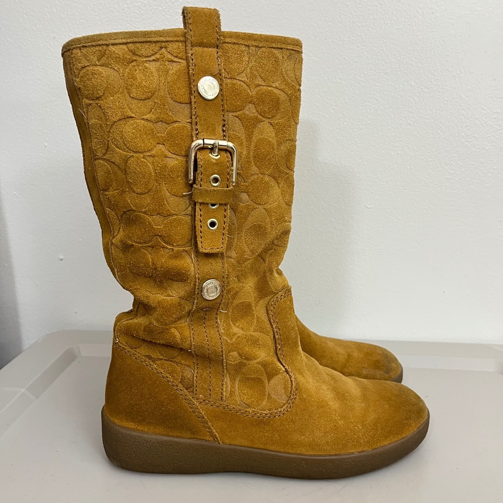 Coach Tullip Boots 7B Tan Suede Leather Signature Fur Lined Western Mid Calf